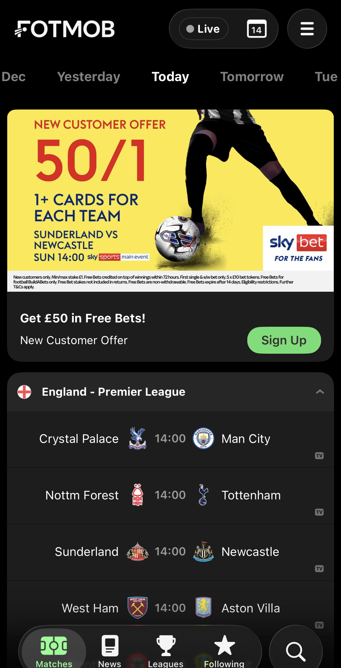 A football app showing a large betting advertisement